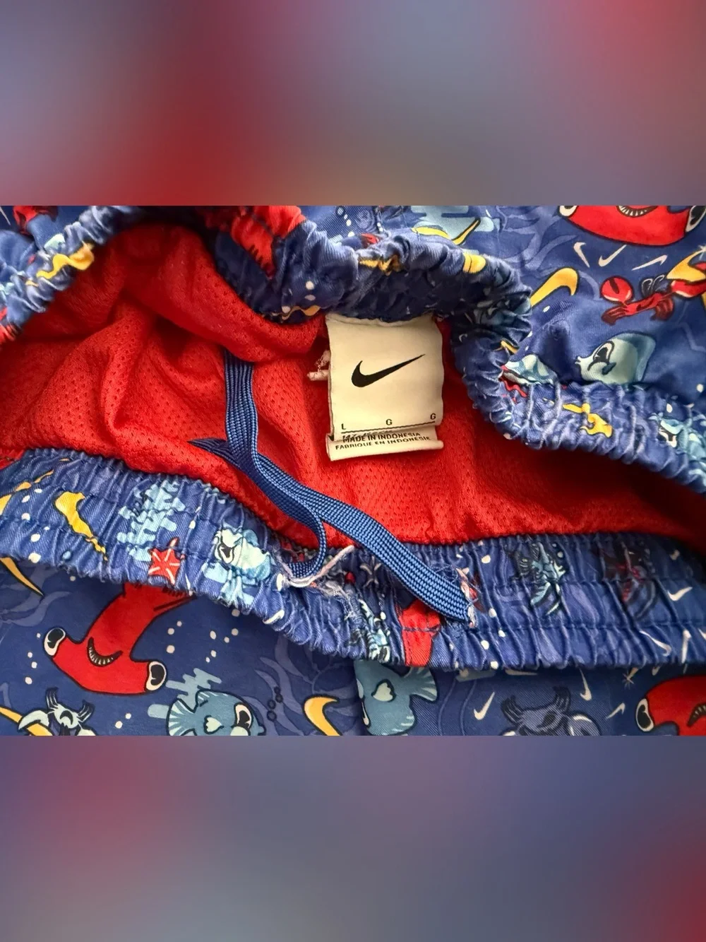 Nike fish crab swoosh blue colorful logo swim trunks YL